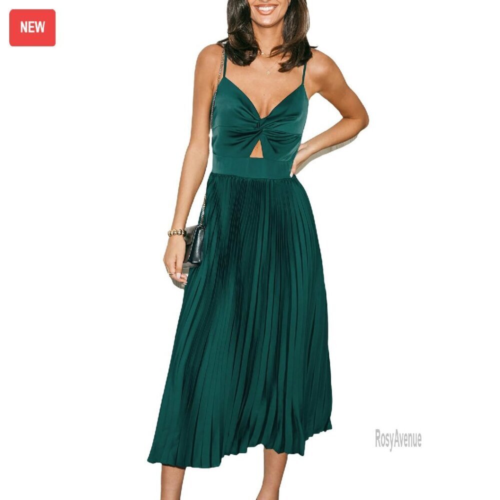 Midi Dress Spaghetti Straps Pleated Cutout Formal Party Sleeveless